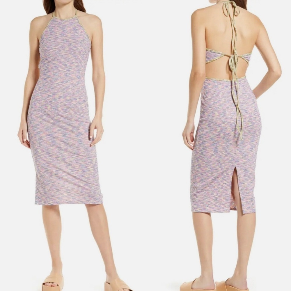 Lisa Says Gah Halter Tie Bodycon Midi Dress Size Medium Spacedye NWT